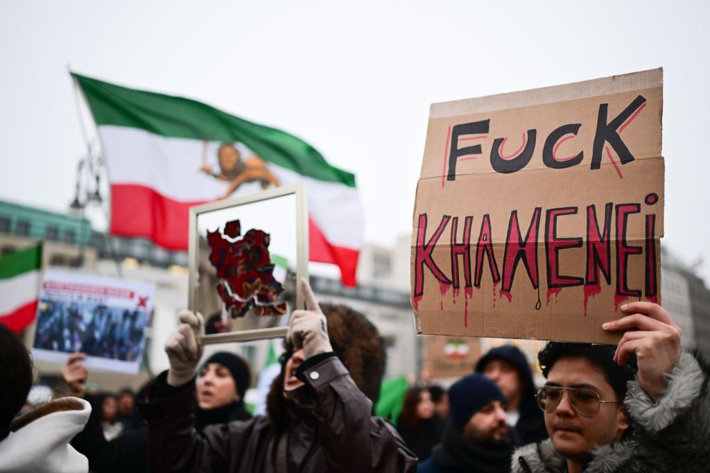 «Fuck Khamenei», steht auf einem Schild während einer Demonstration zur Unterstützung der landesweiten Massenproteste gegen die Regierung im Iran. - Foto: Sebastian Christoph Gollnow/dpa